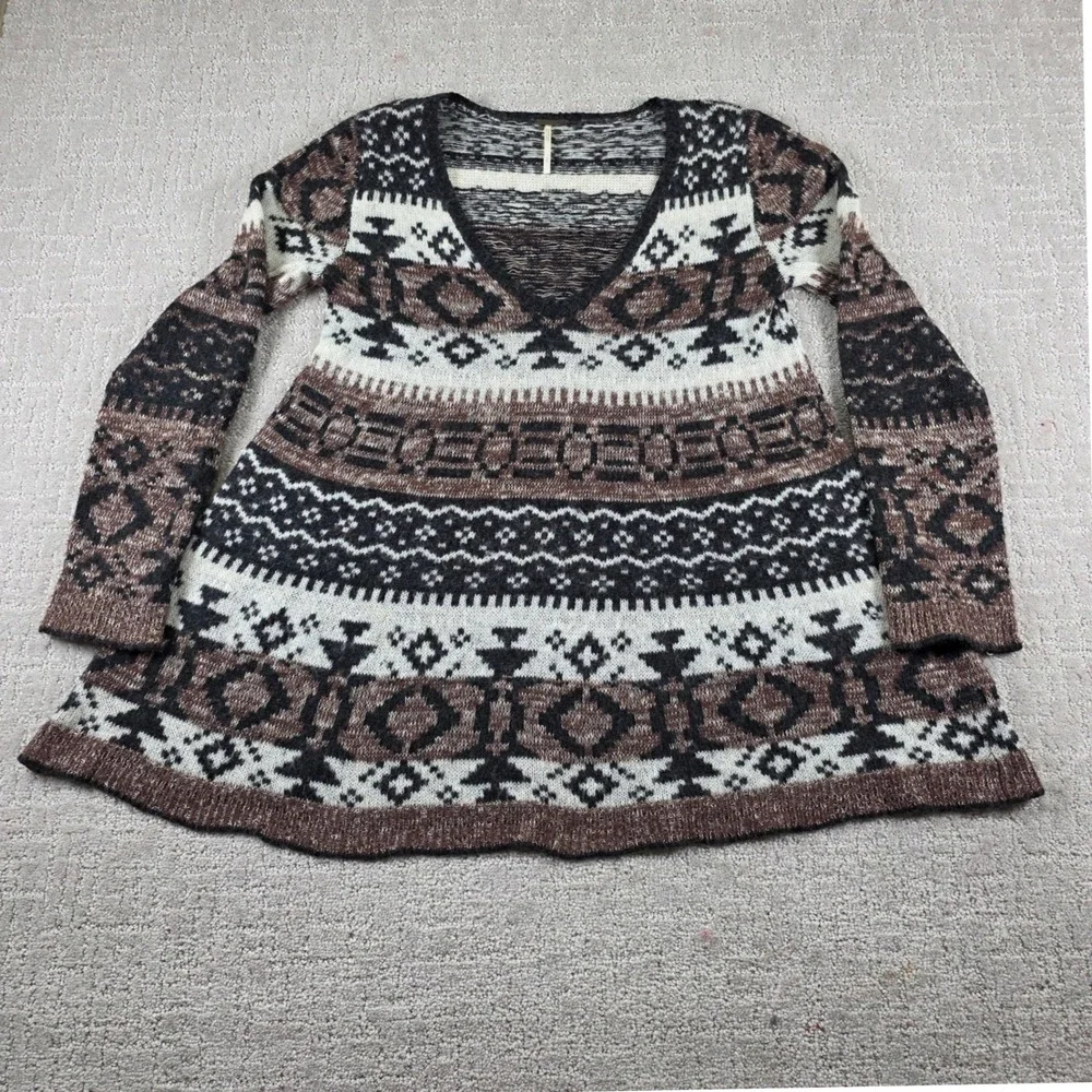 Free People Womens Small Brown Fair Isle Wool Alpaca V-Neck Sweater Tunic Dress